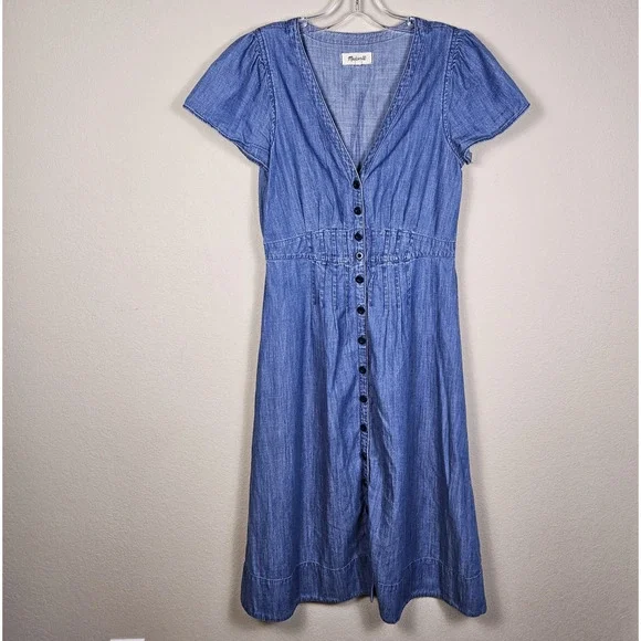 Madewell Midi Shirt Dress 6 Chambray Denim Pleated Cottage Blue Button Western - Picture 6 of 16